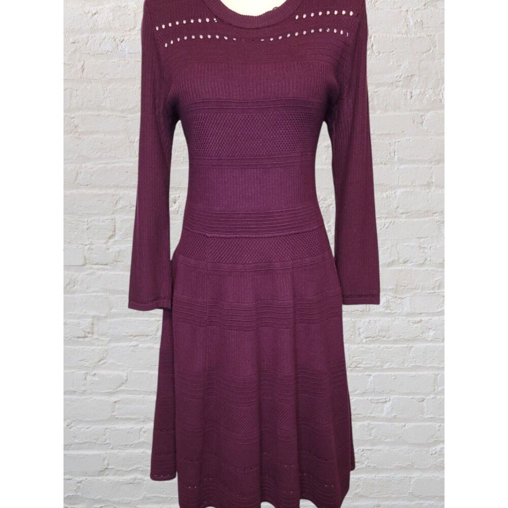 Eliza J Sweater Dress Womens LG Wine Long Sleeve Gold Zipper Fit Flare
